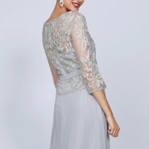 SILVER MOTHER OF BRIDE FORMAL EVENING 3/4 SLEEVE BEADED GOWN DRESS JT634